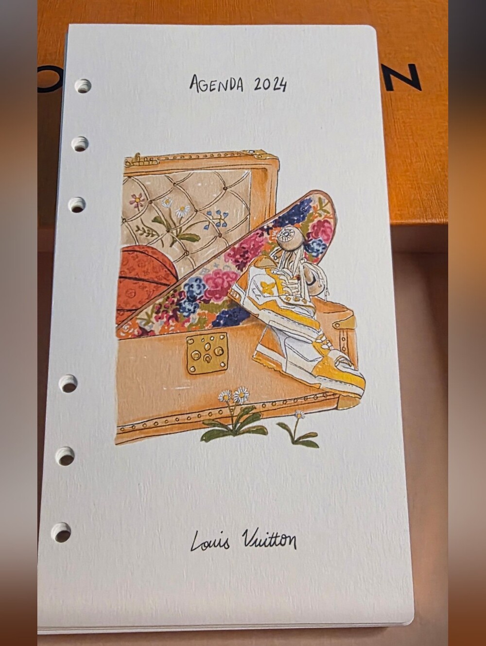 Louis Vuitton white and tan illustrated agenda cover